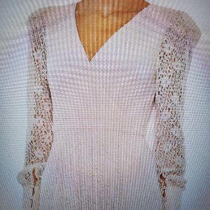 Mac Duggal Metallic Lace A-Line Gown | V-Neck Long Sleeve Evening Dress